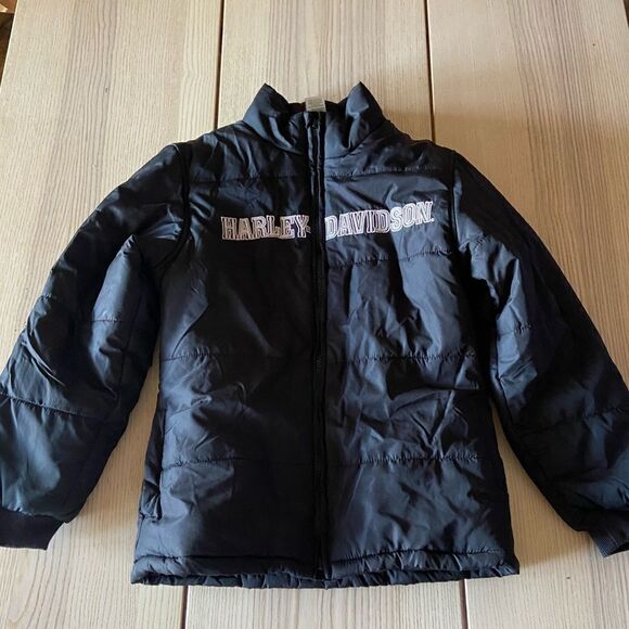 Harley Davidson Puffer jacket with embellishment black with pink bling- Girls M - Picture 1 of 6
